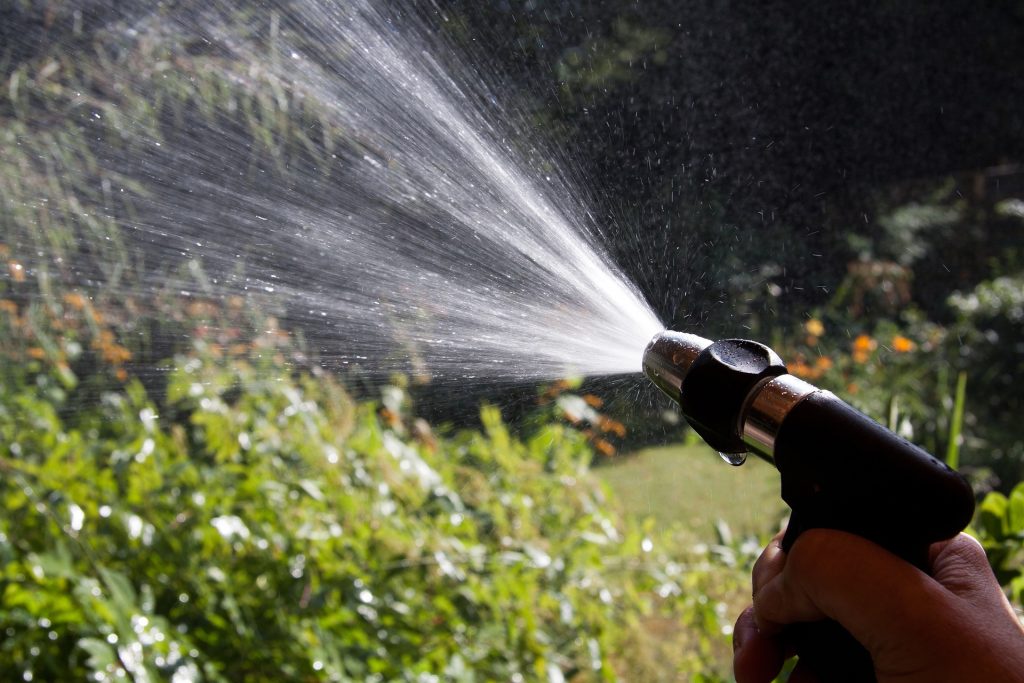 Paysagiste arrose un jardin pour le protéger de la sècheresse